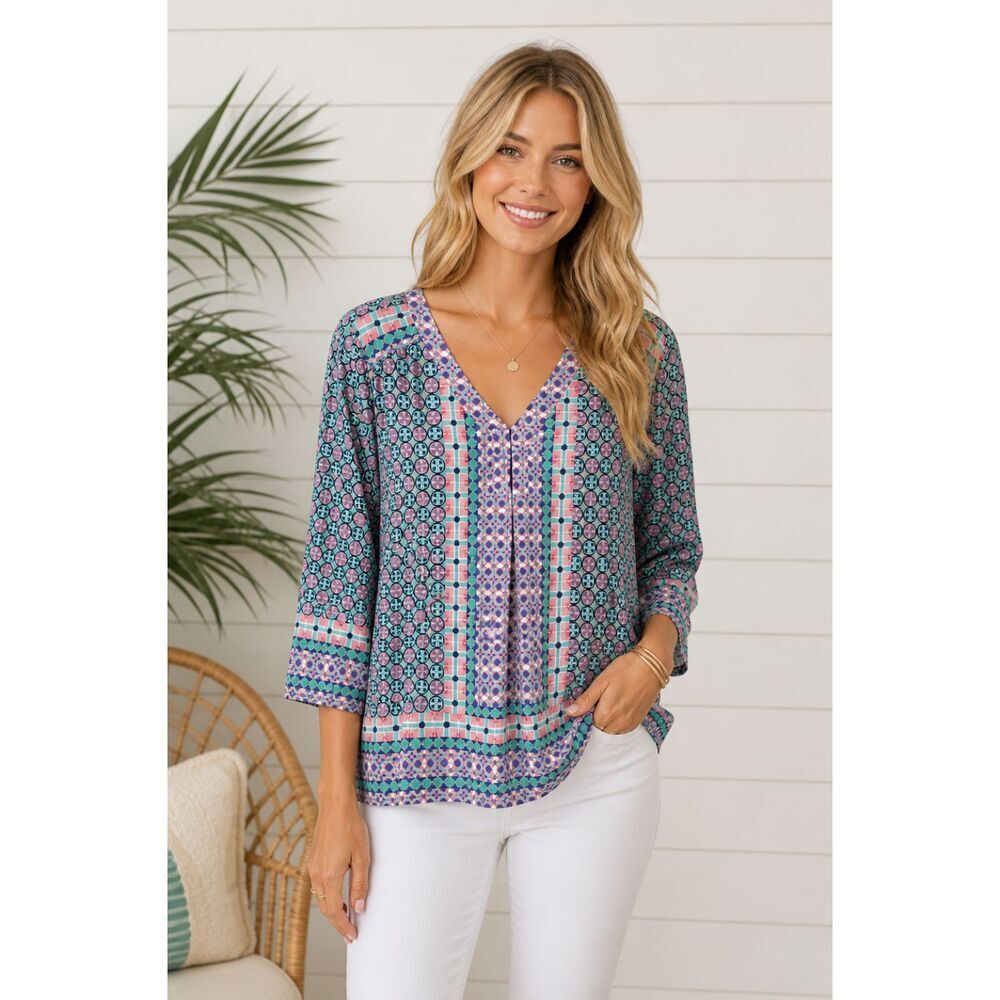 Southern Tide Women Sz XL Printed Tunic Top Boho V Neck Long Sleeve Geometric H3